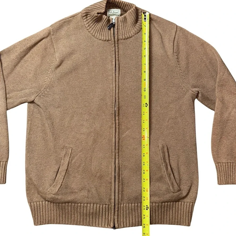 LL Bean Mens Large Full Zip Cotton Cardigan Sweater Tan Brown Mock Neck HJS6